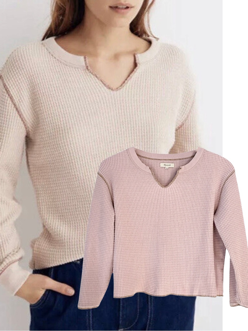 Madewell Waffle Knit Split-neck Cropped Pull Over Long Sleeve Dusty Pink Tee M